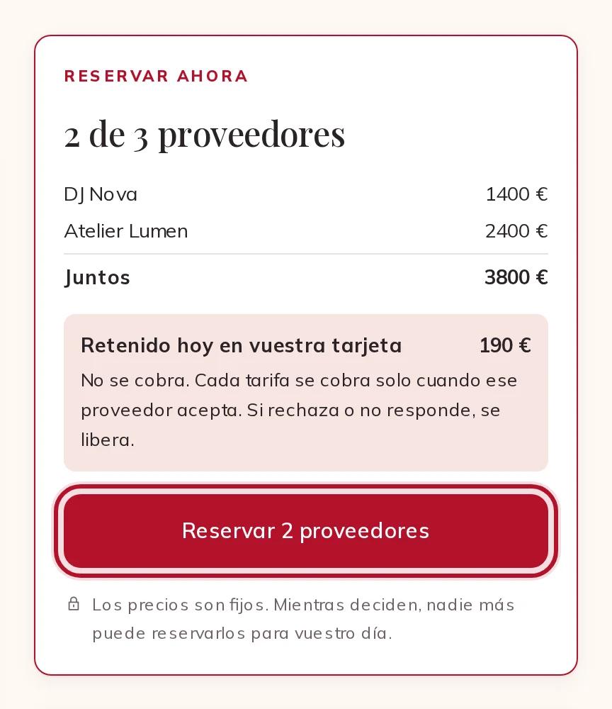 El recuadro Reservar ahora con el total y las tarifas retenidas hoy