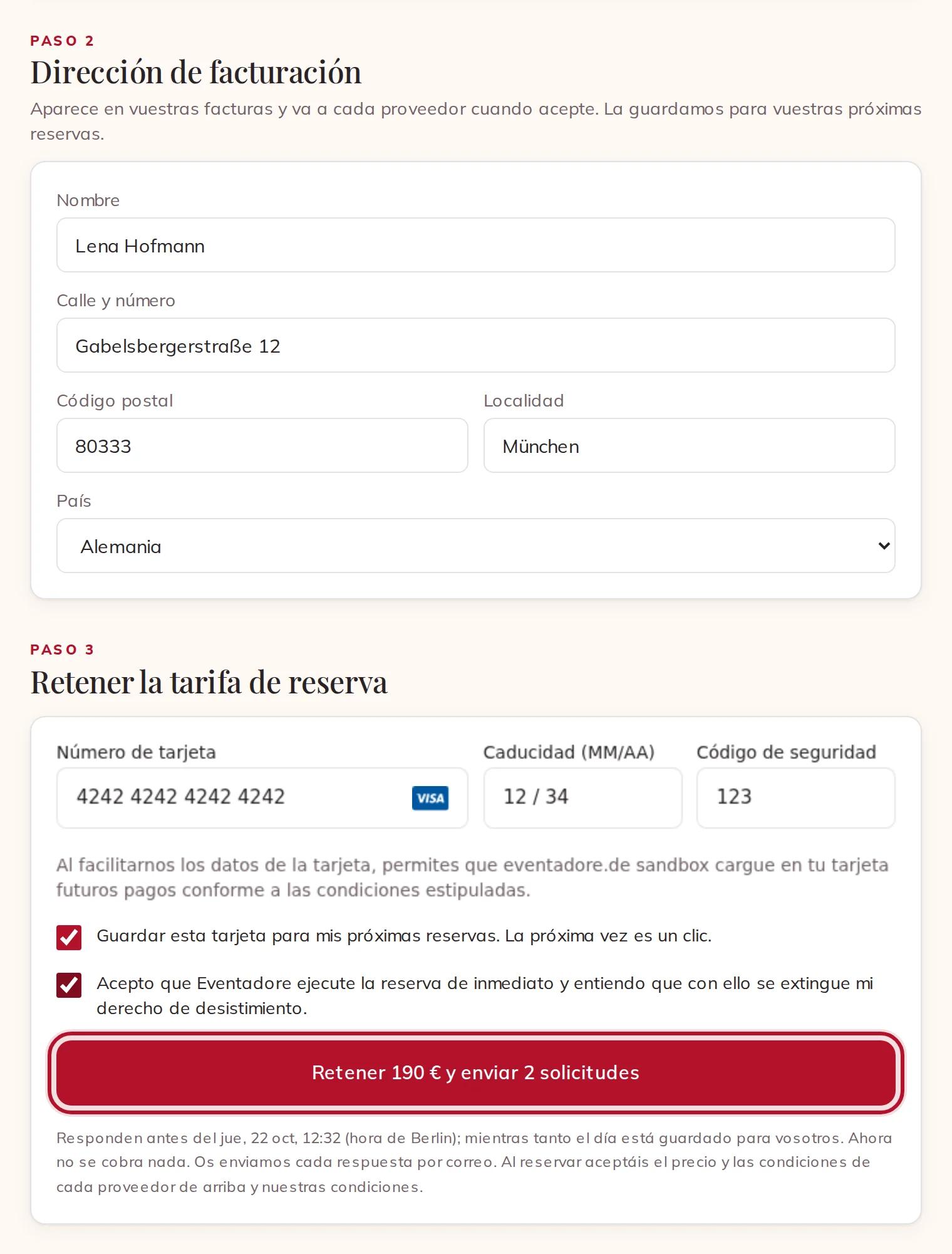 Dirección de facturación, tarjeta y la casilla que hay que marcar antes de retener la tarifa