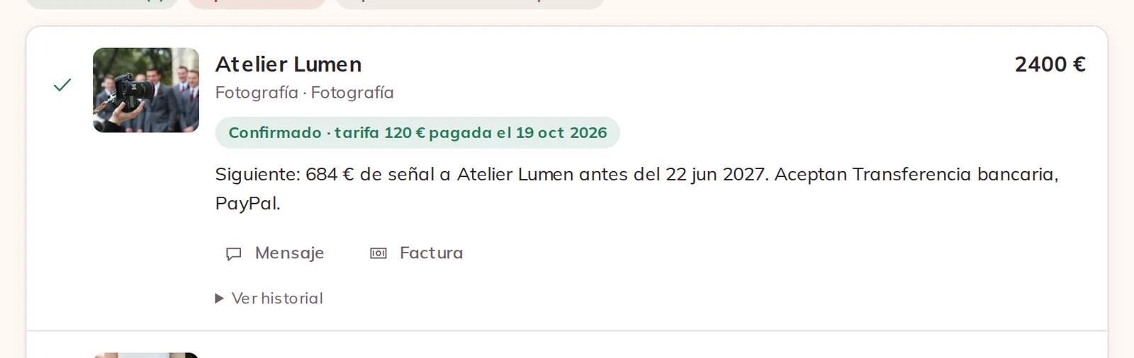 Una reserva confirmada con el próximo pago al proveedor