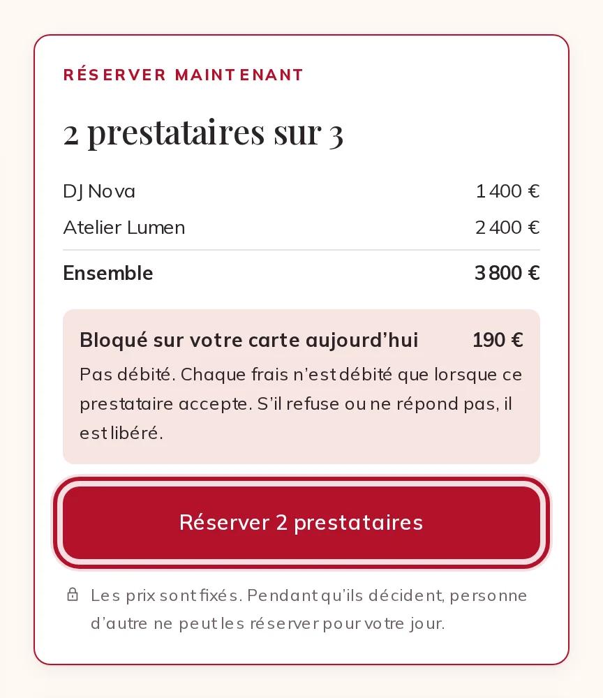 L’encadré Réserver maintenant avec le total et les frais bloqués aujourd’hui