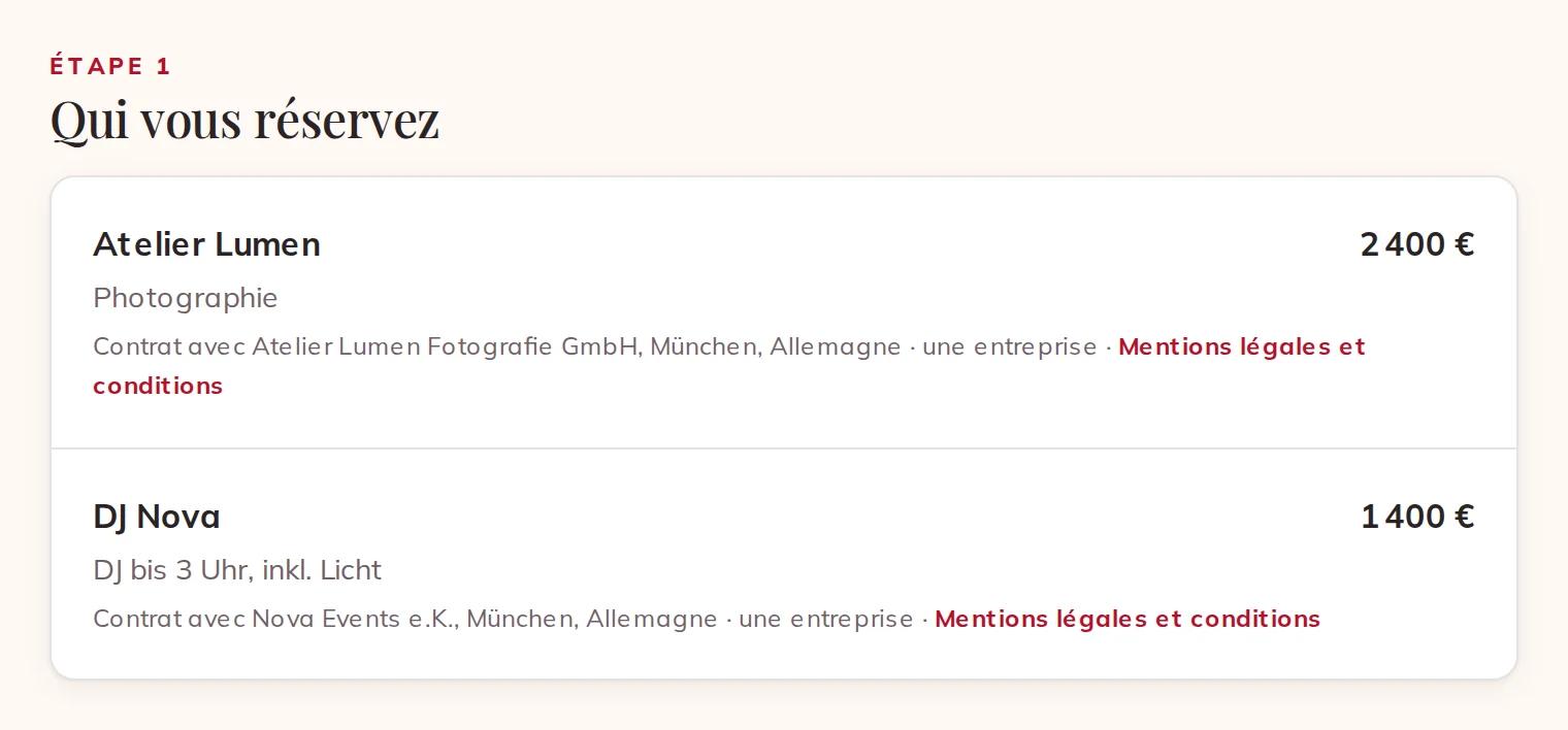 Qui vous réservez : nom légal, lieu, entreprise ou particulier