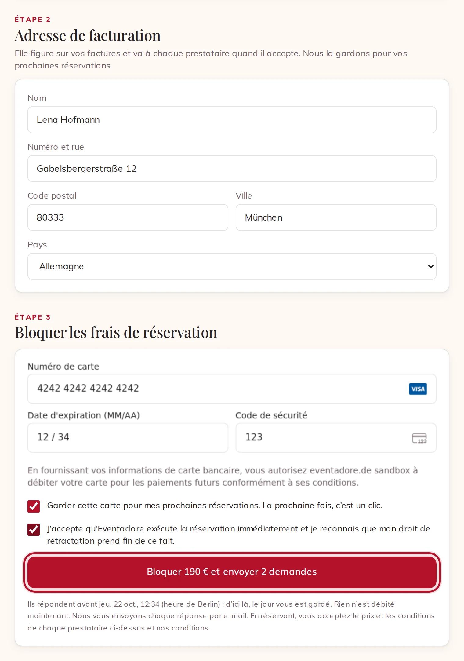 Adresse de facturation, carte et la case à cocher avant de bloquer les frais