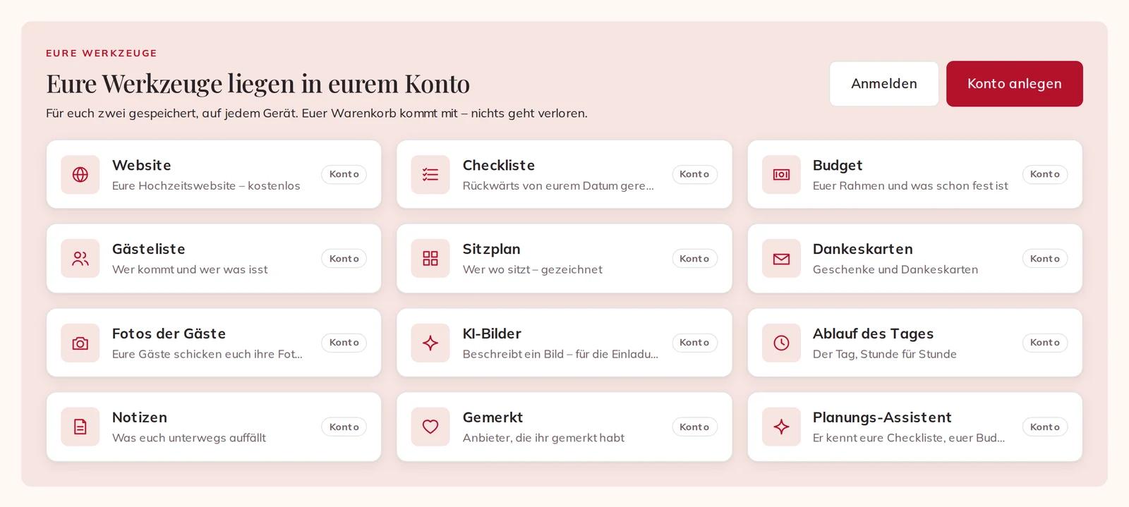 Abgemeldet: Die Werkzeuge werden gezeigt und sind mit „Konto“ markiert