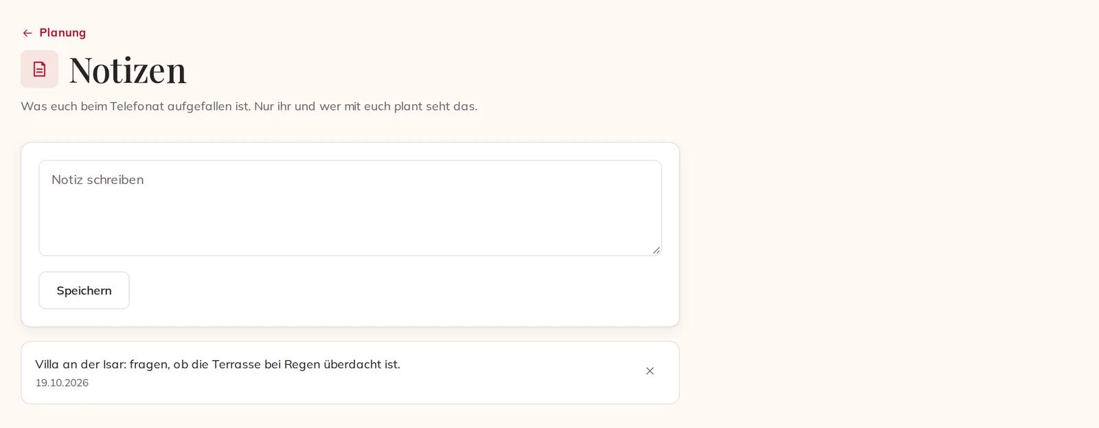 Eine gespeicherte Notiz auf der Seite „Notizen“