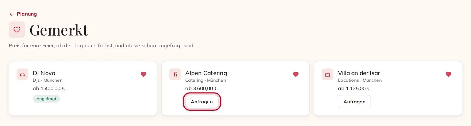 Gemerkte Anbieter mit ihrem Preis für euren Tag