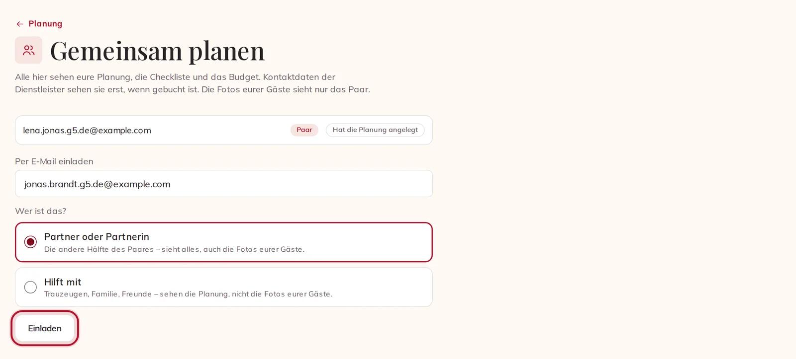 Euren Partner oder eure Partnerin per E-Mail einladen