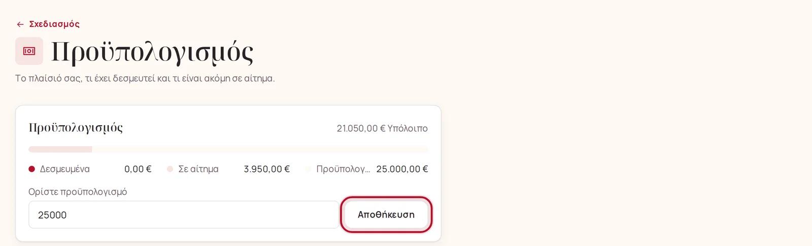 Ο προϋπολογισμός, ορισμένος, απέναντι σε όσα περιέχει ήδη ο σχεδιασμός