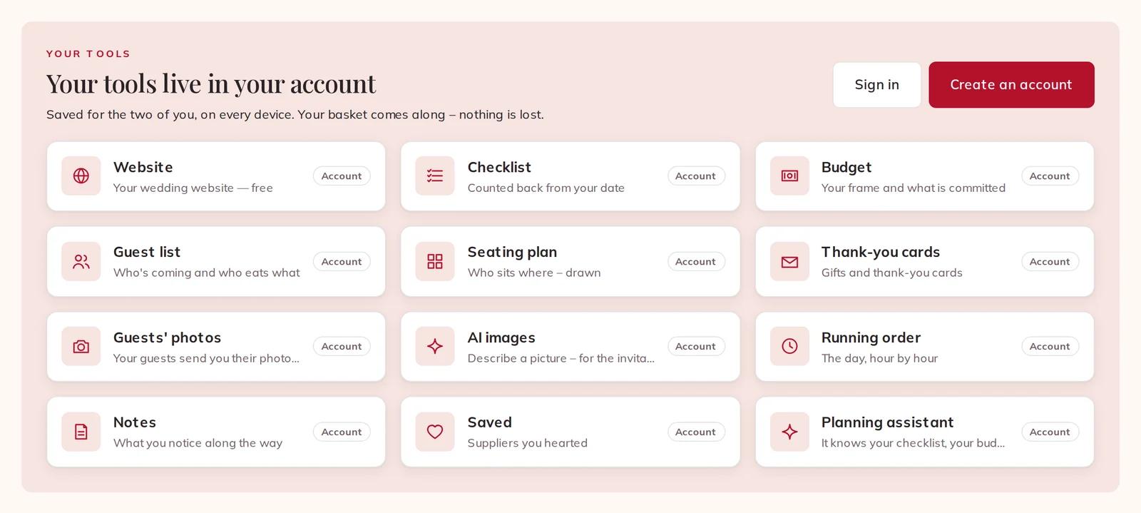 Signed out: the tools are shown and marked Account