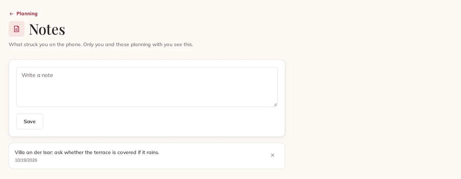 A note saved on the Notes page