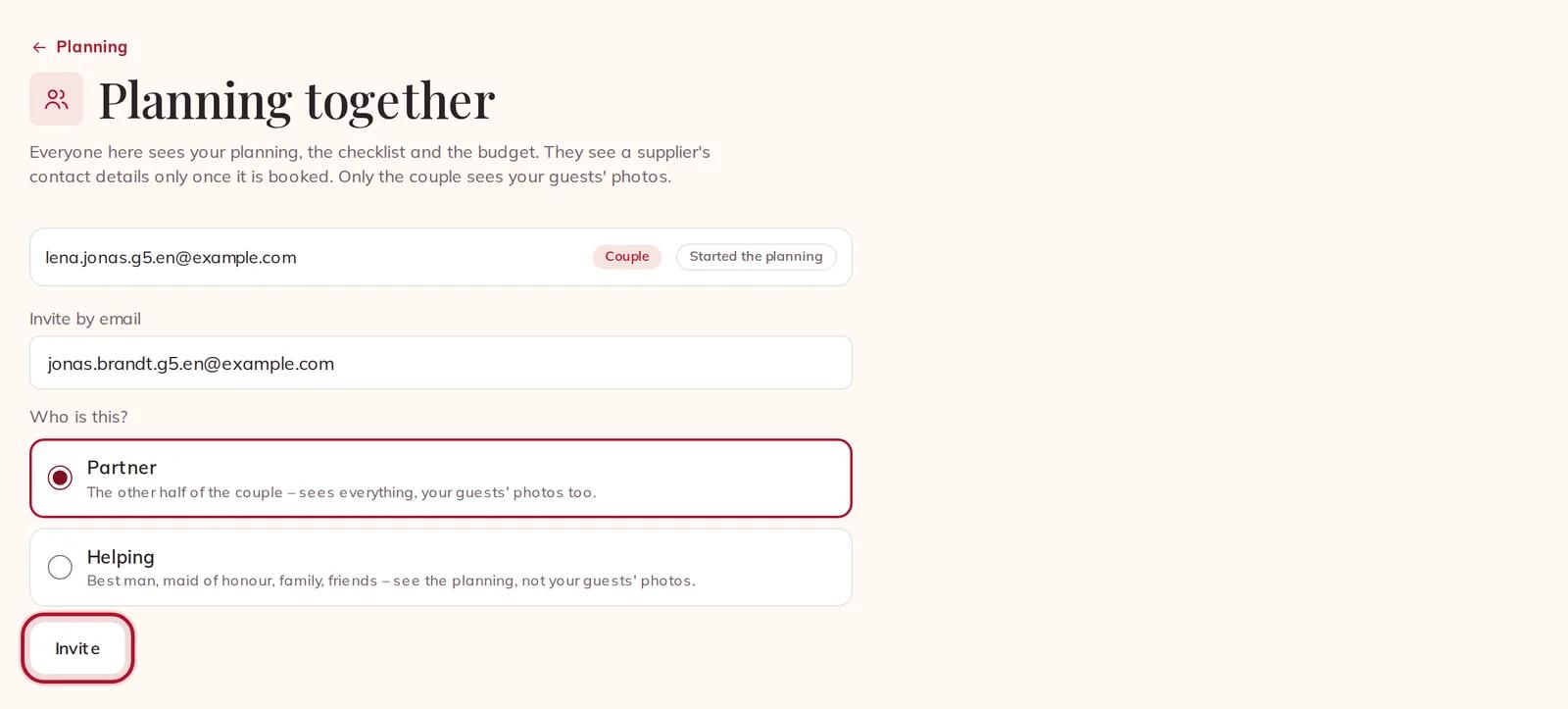 Inviting your partner by email