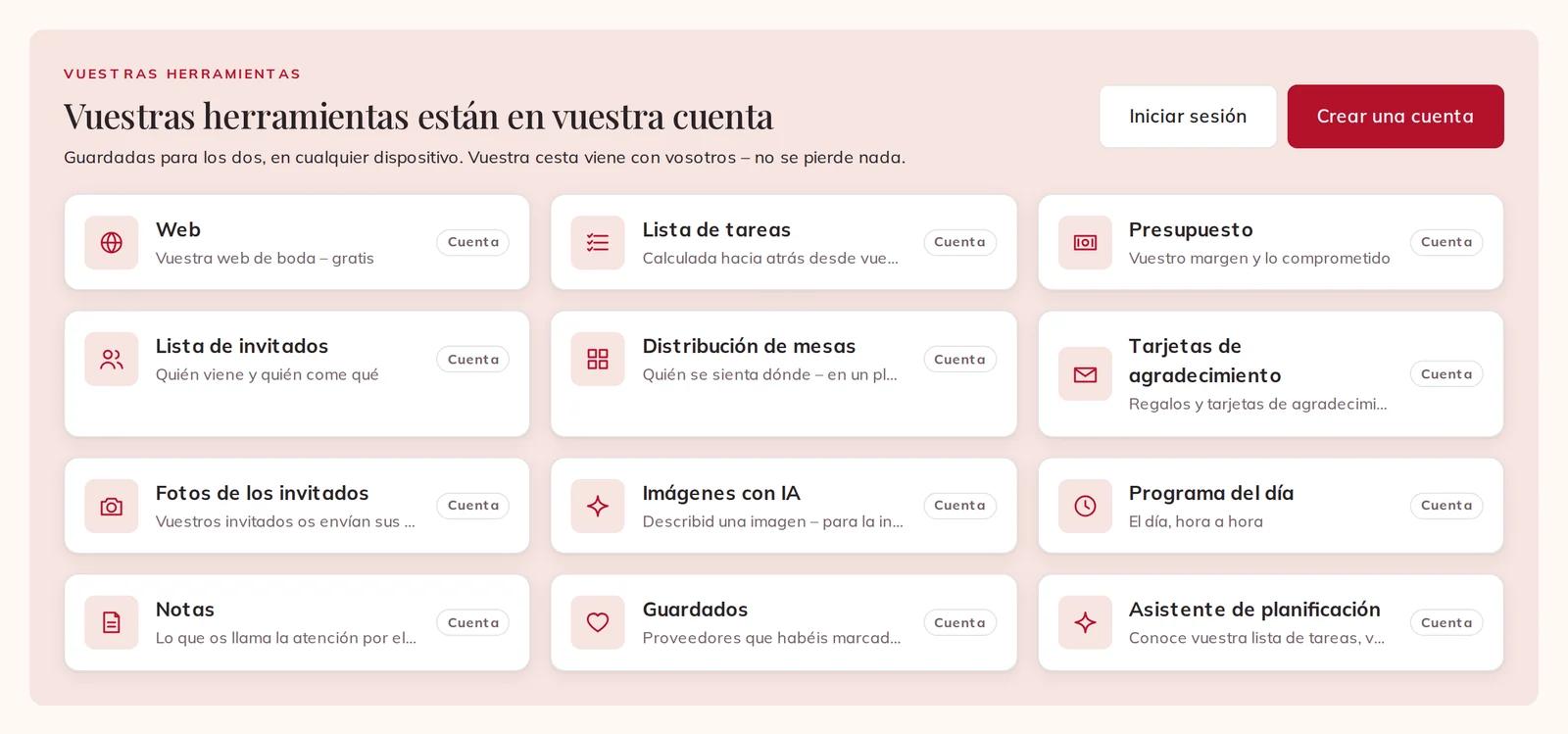 Sin sesión iniciada: las herramientas se muestran marcadas con Cuenta