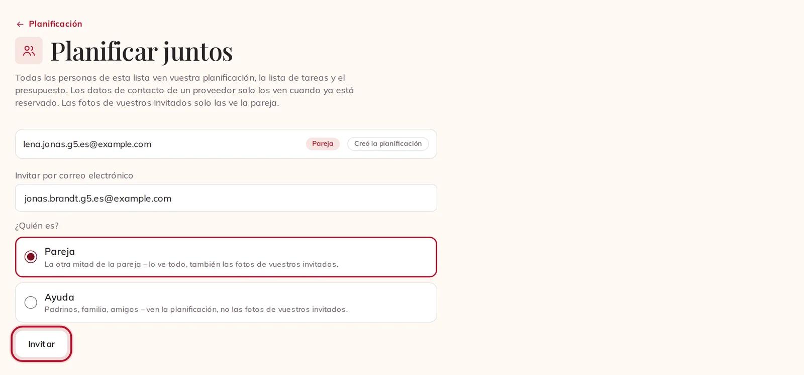 Invitar a vuestra pareja por correo electrónico