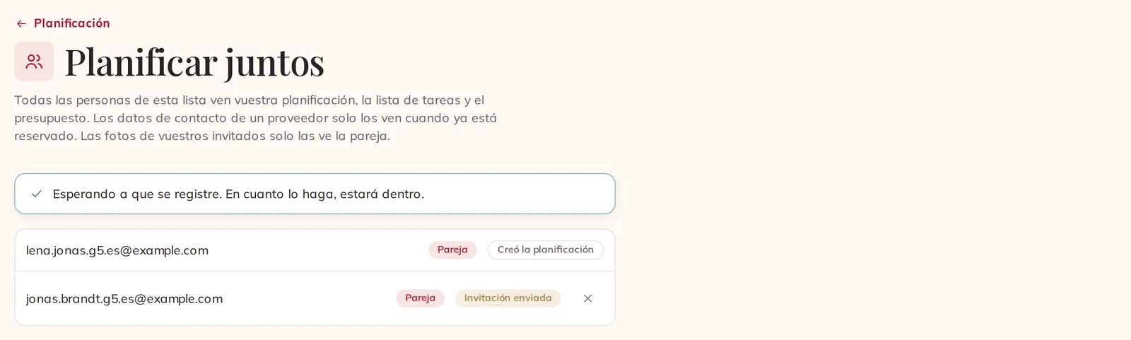 Vuestra pareja, invitada y esperando a registrarse