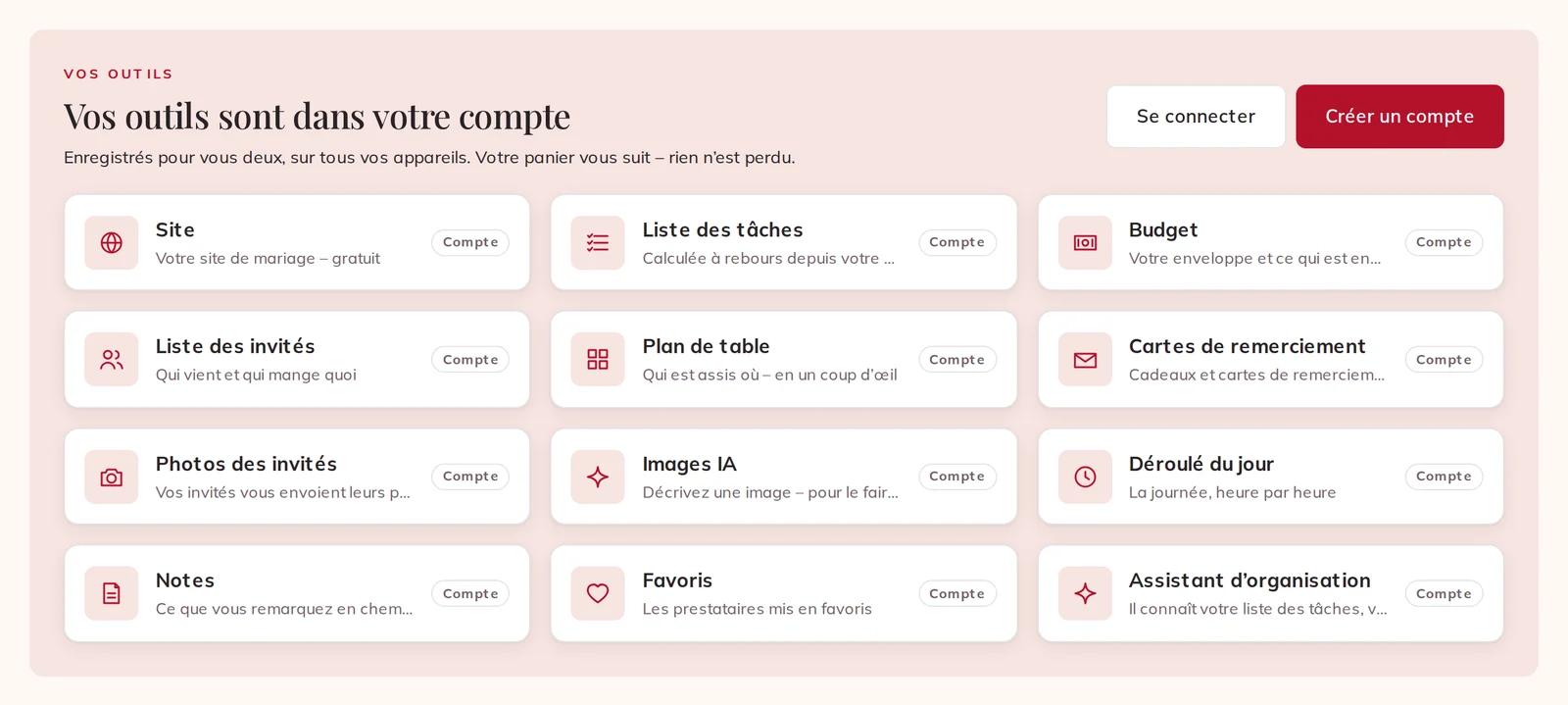Déconnecté : les outils sont affichés et marqués Compte