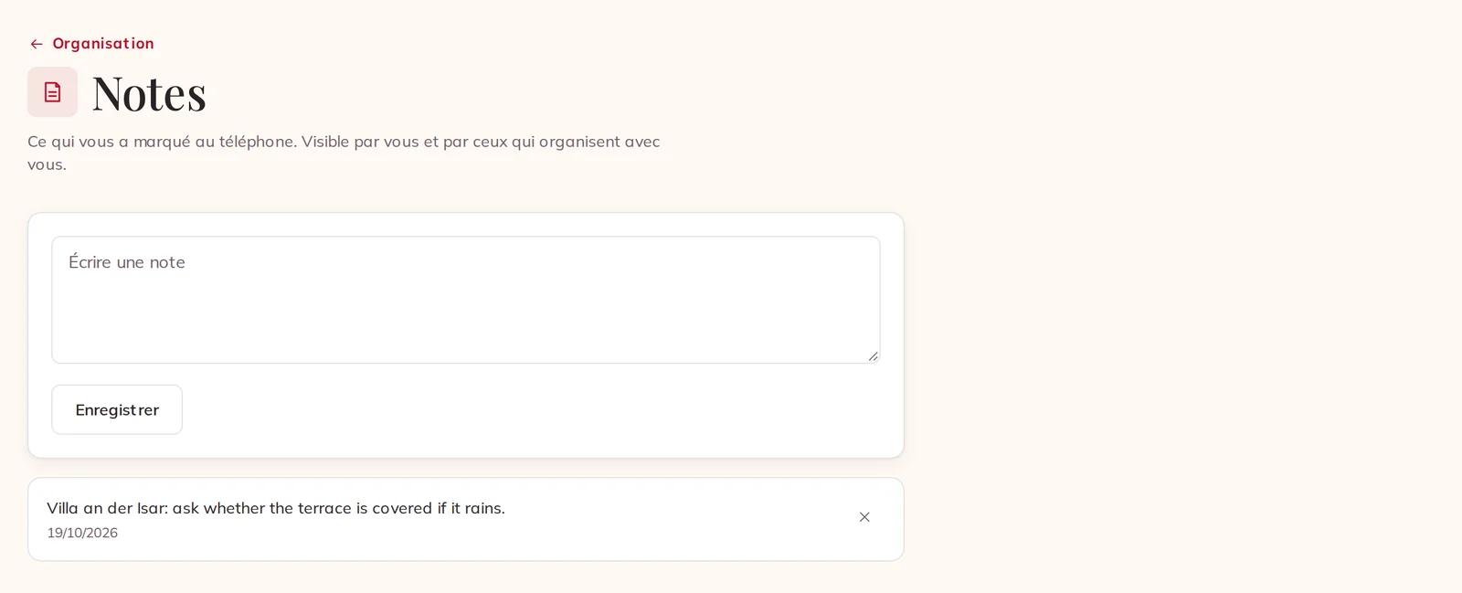 Une note enregistrée sur la page Notes
