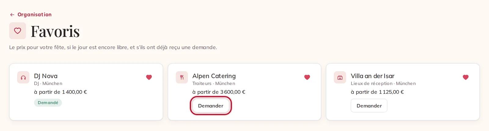 Les prestataires favoris avec leur prix pour votre jour