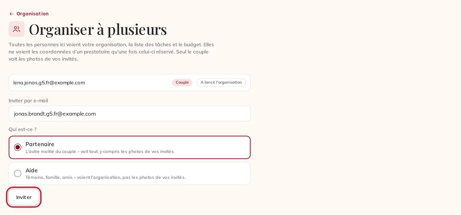 Inviter votre partenaire par e-mail