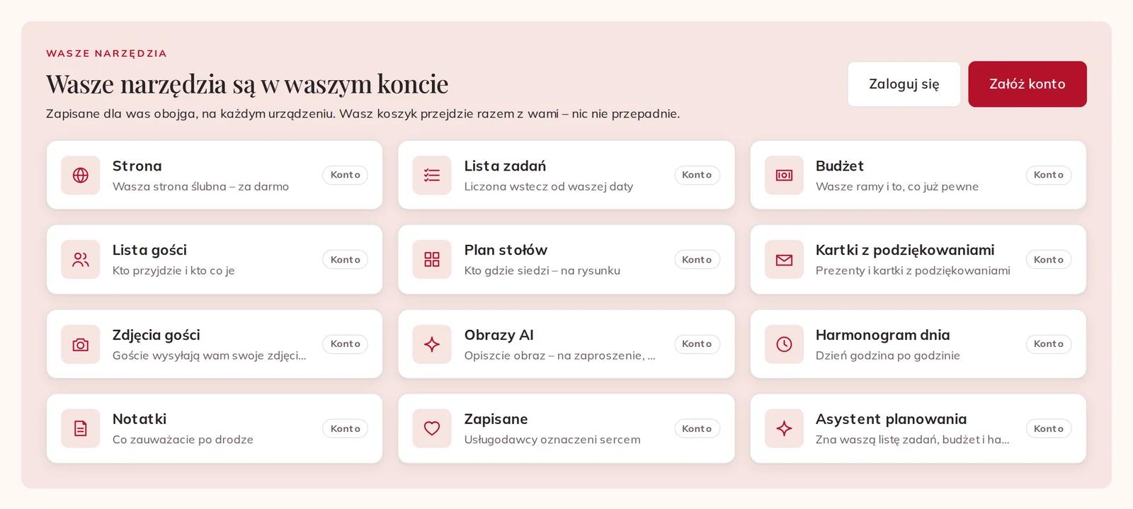 Bez logowania: narzędzia są widoczne i oznaczone jako Konto