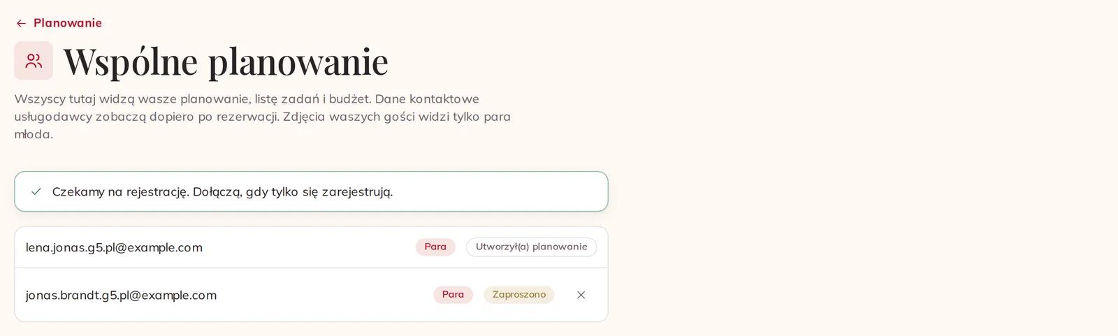Wasz partner lub partnerka, zaproszeni i czekający na rejestrację