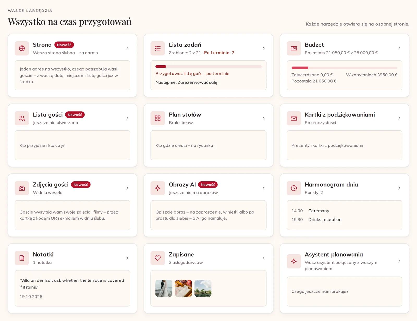 Siatka narzędzi w waszym Planowaniu, każdy kafelek ze swoim stanem