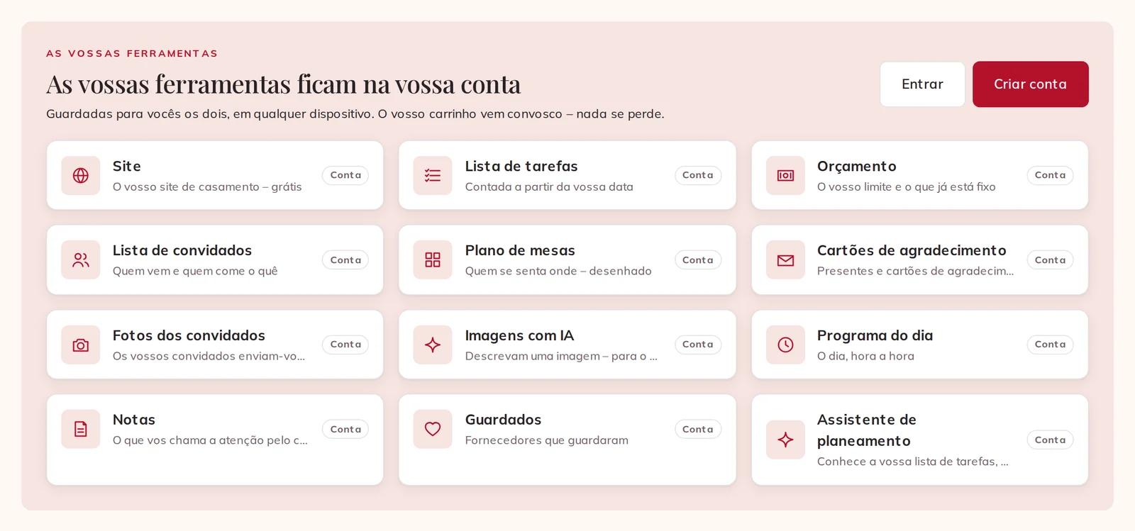 Sem sessão iniciada: as ferramentas aparecem e estão marcadas como Conta