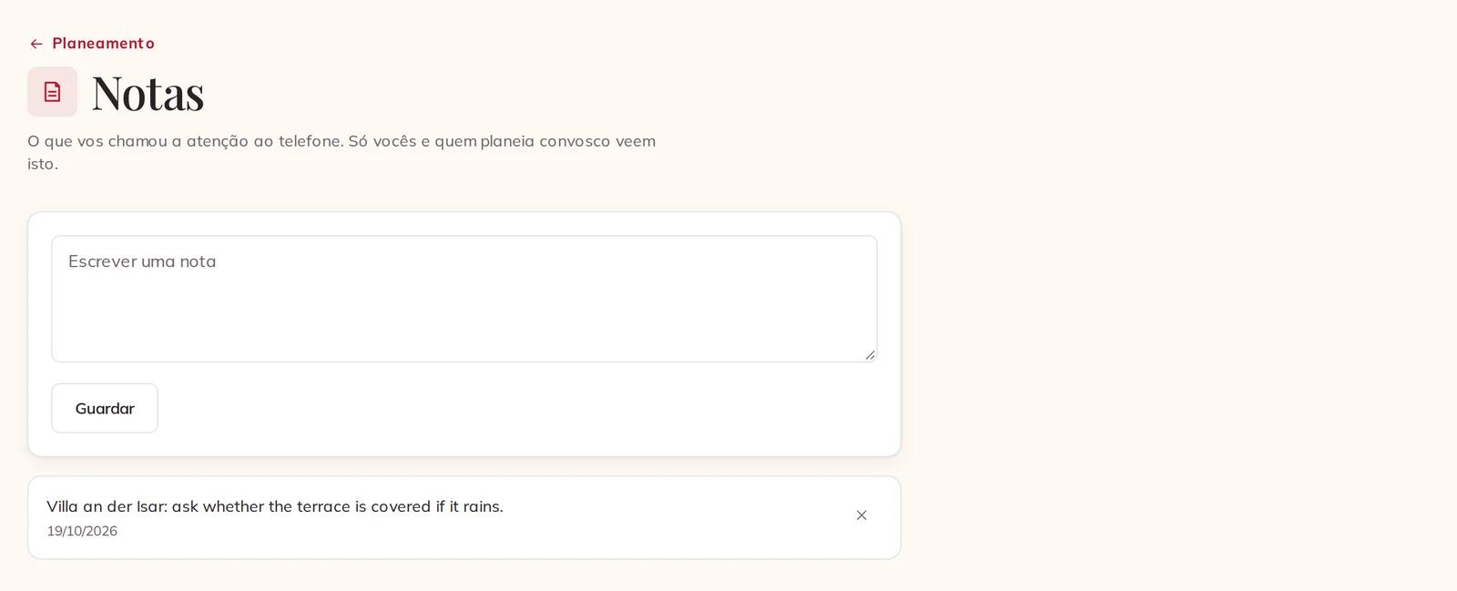 Uma nota guardada na página Notas