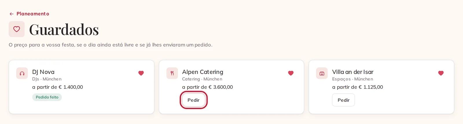 Fornecedores guardados com o preço para o vosso dia