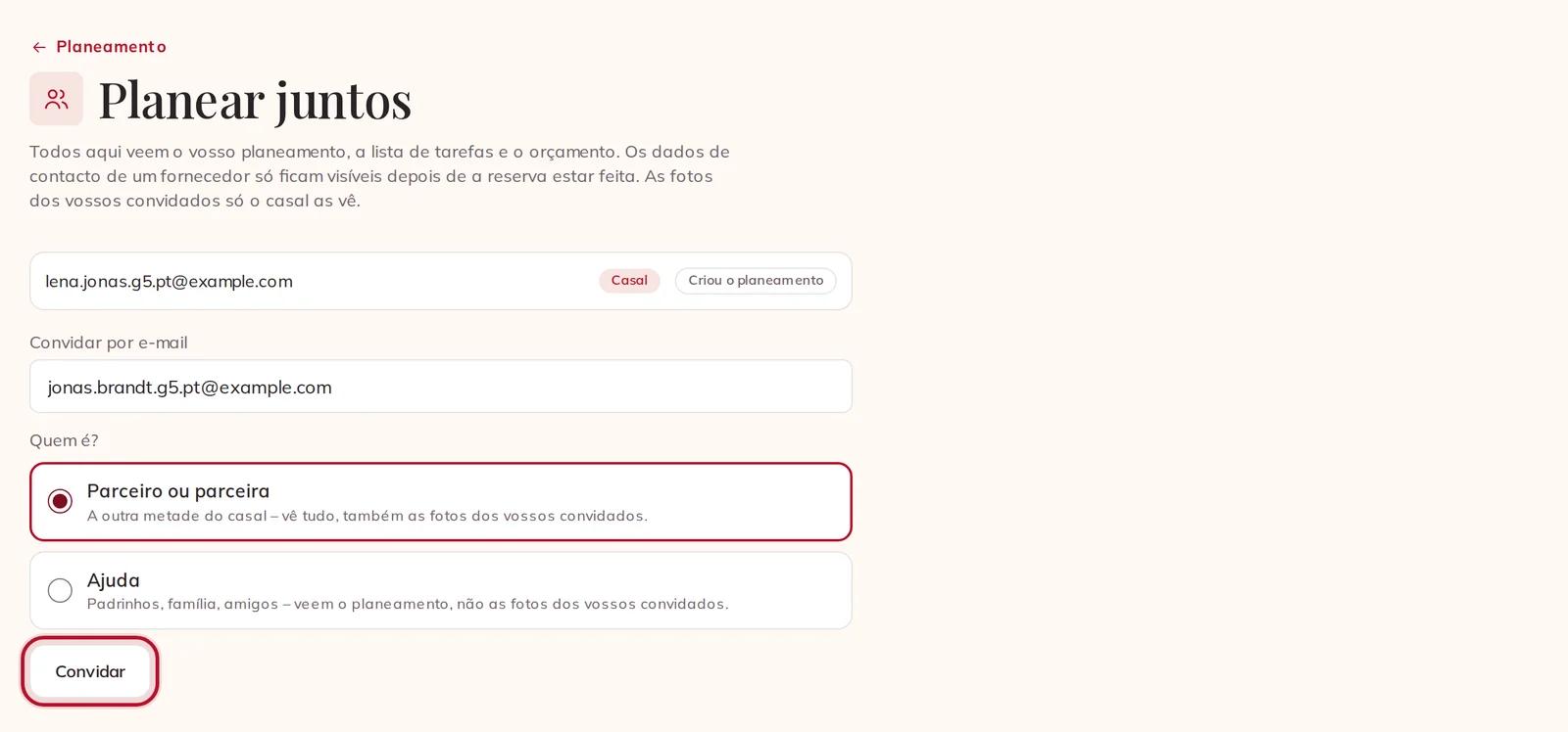 Convidar o vosso par por e-mail