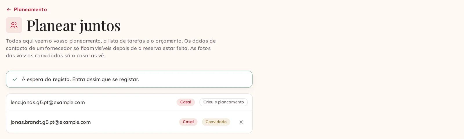 O vosso par, convidado e à espera de se registar
