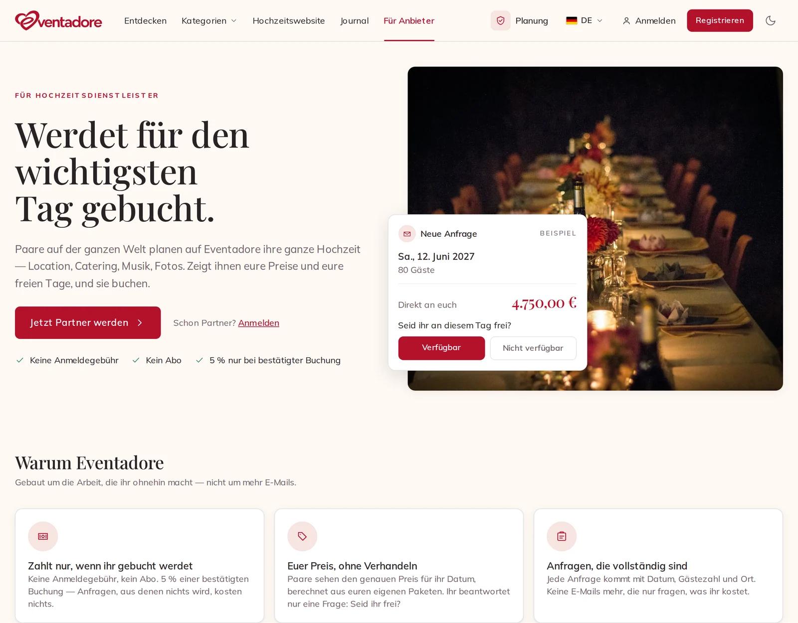 Die Seite für Anbieter, mit „Partner werden“