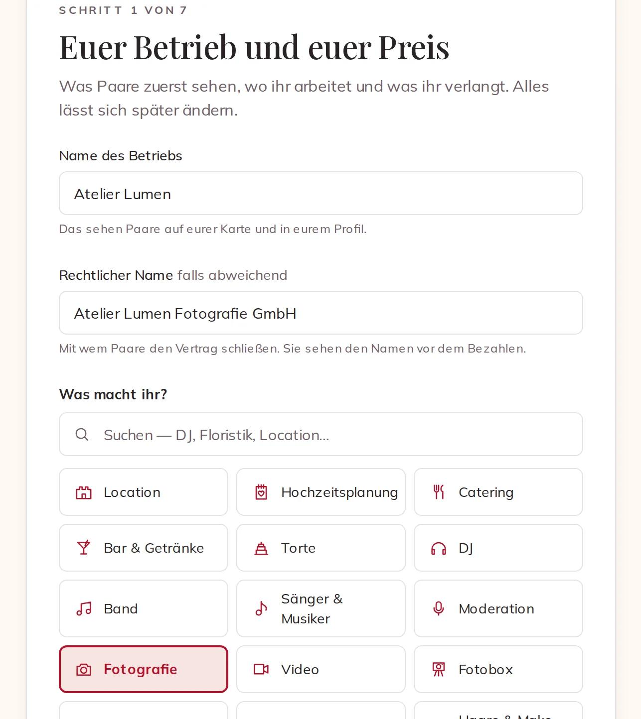 Der Name eures Betriebs und eure Hauptleistung