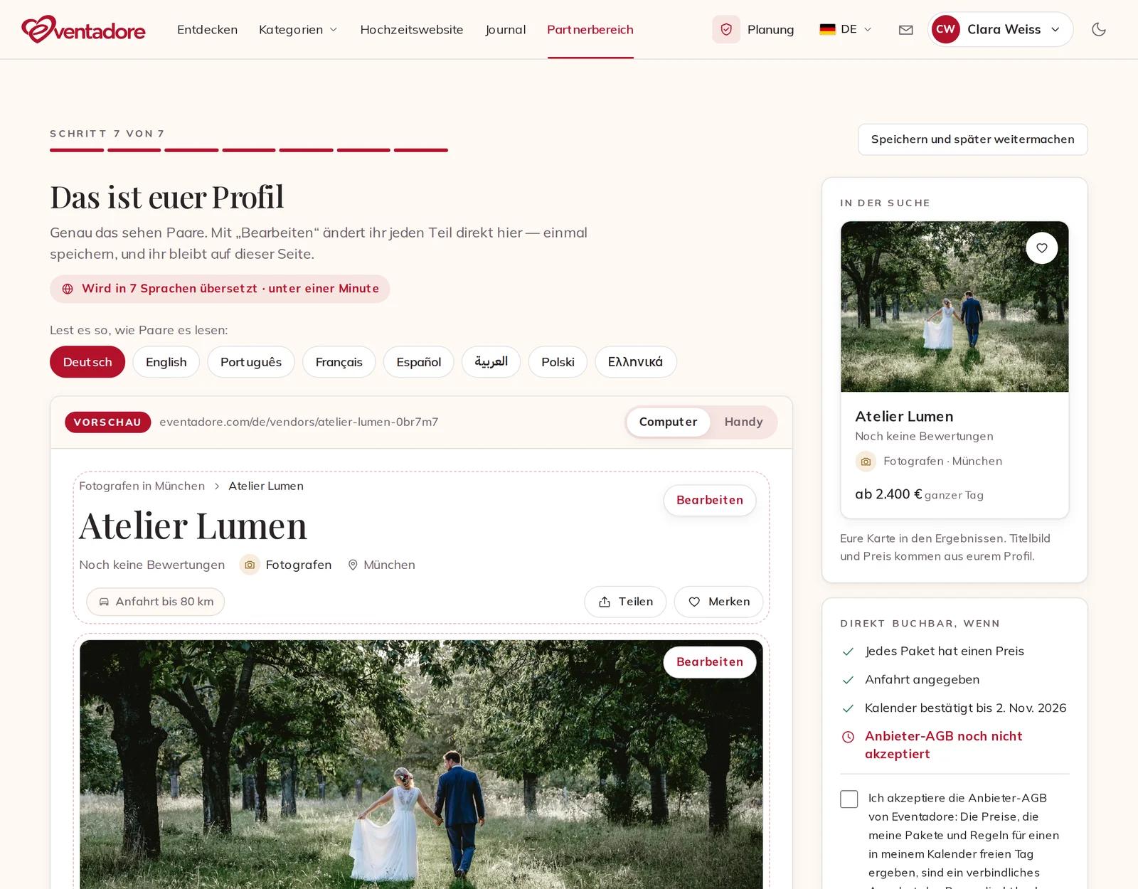 Euer Profil, wie Paare es sehen, mit „Bearbeiten“ bei jedem Teil