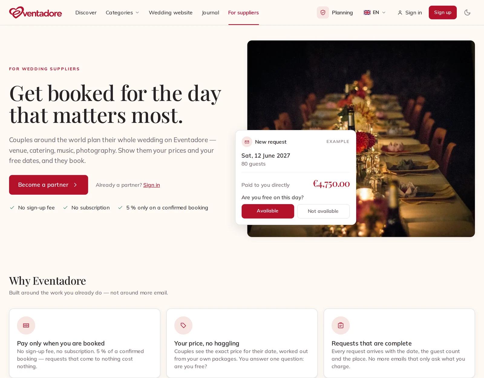 The page for suppliers, with Become a partner