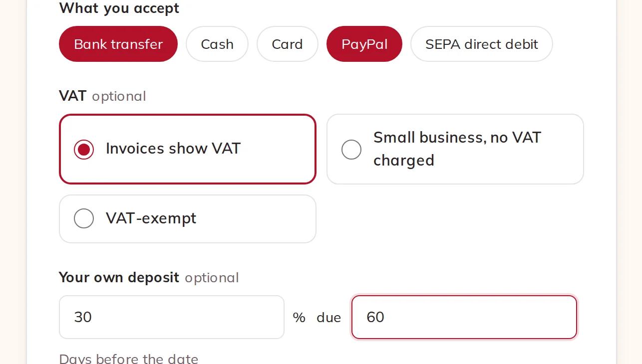 Payment methods, VAT and your own deposit