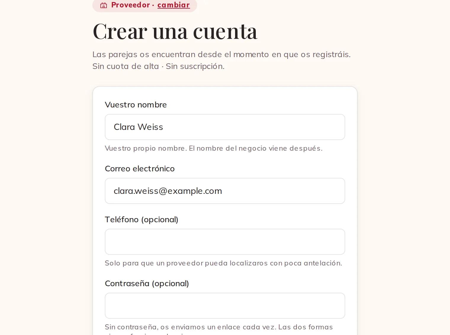 Crear vuestra cuenta como proveedor