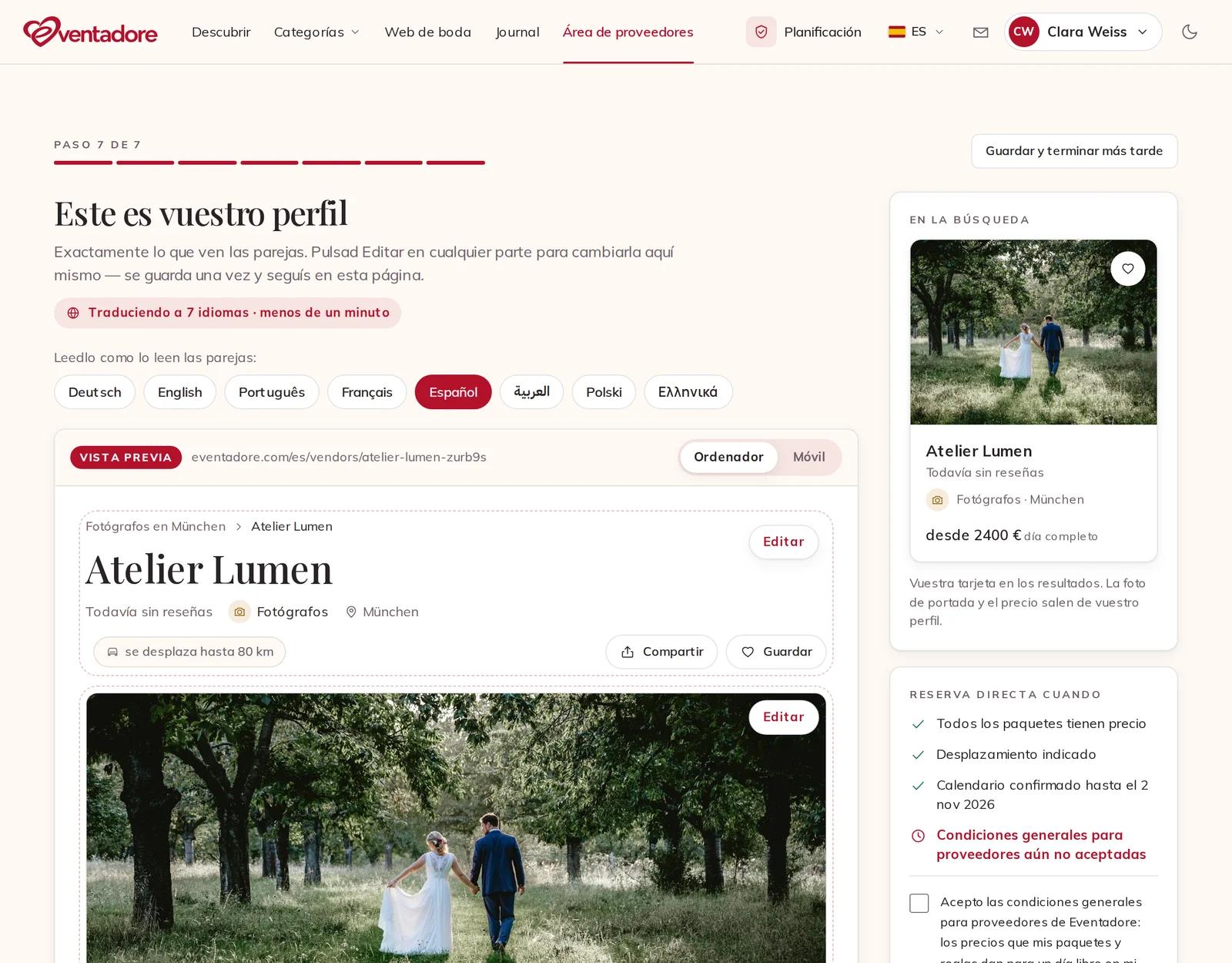 Vuestro perfil tal como lo ven las parejas, con Editar en cada parte
