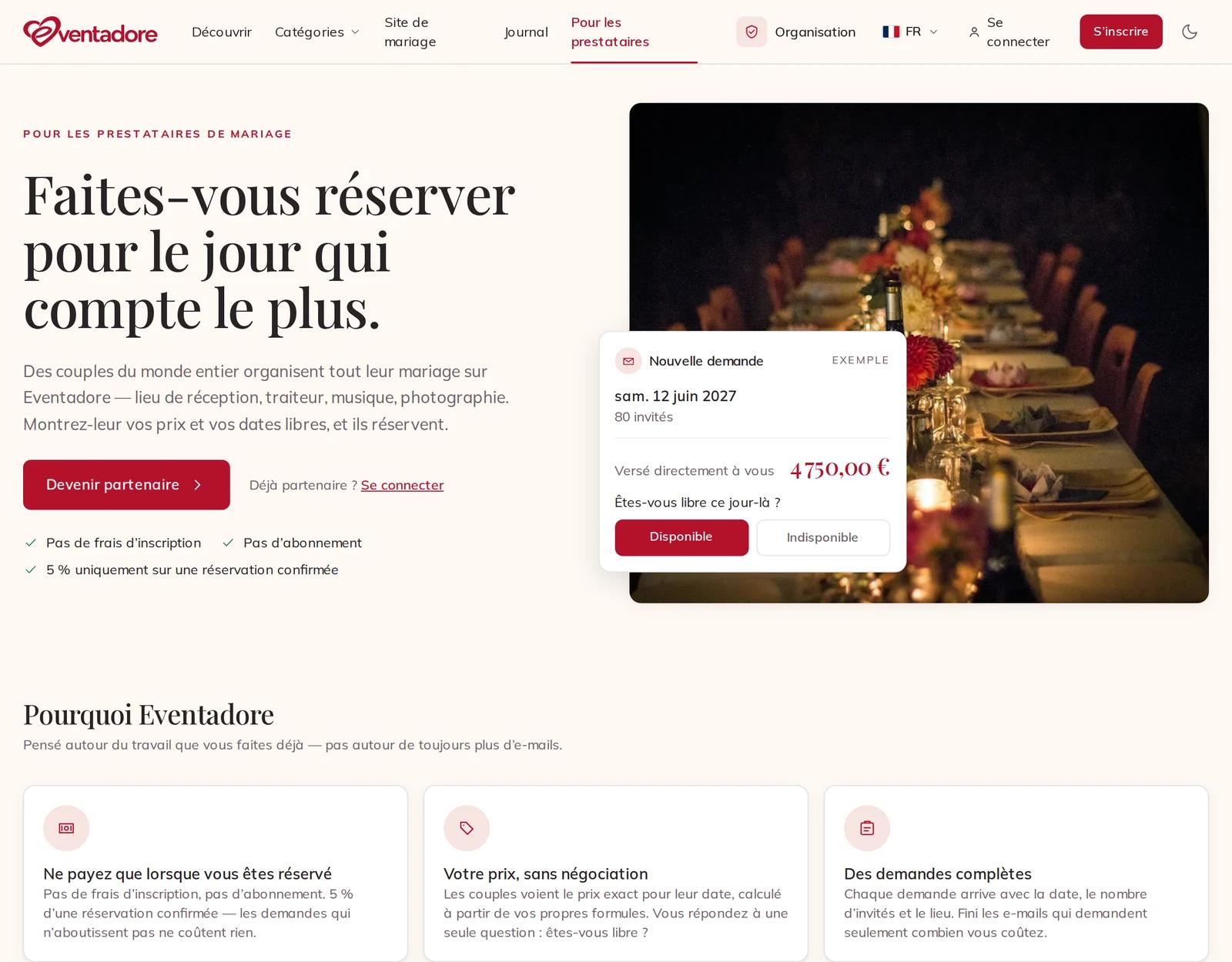 La page pour les prestataires, avec Devenir partenaire