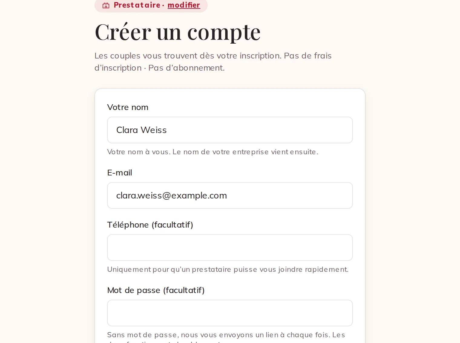 La création de votre compte de prestataire