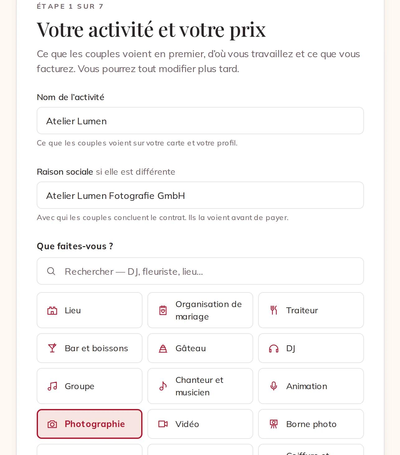 Le nom de votre activité et votre service principal