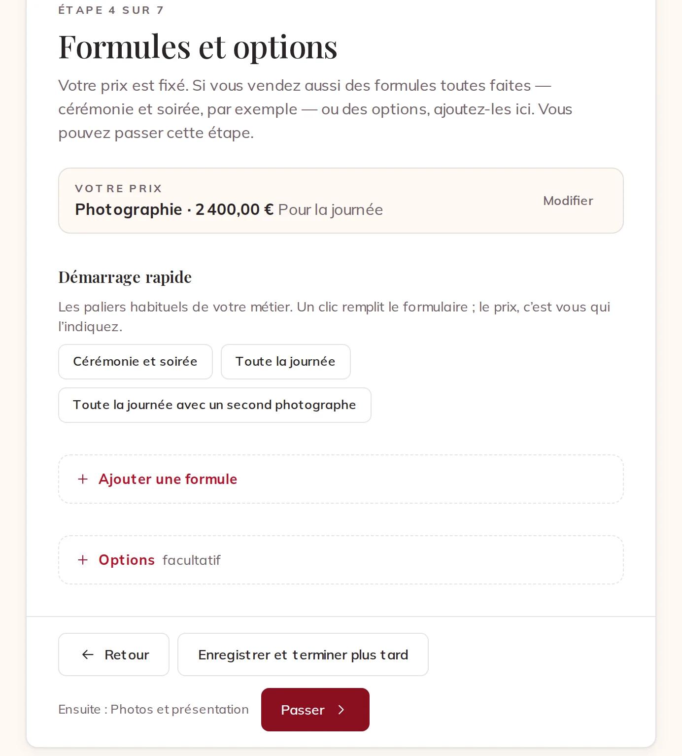 Les formules et les options, que vous pouvez passer pour l’instant
