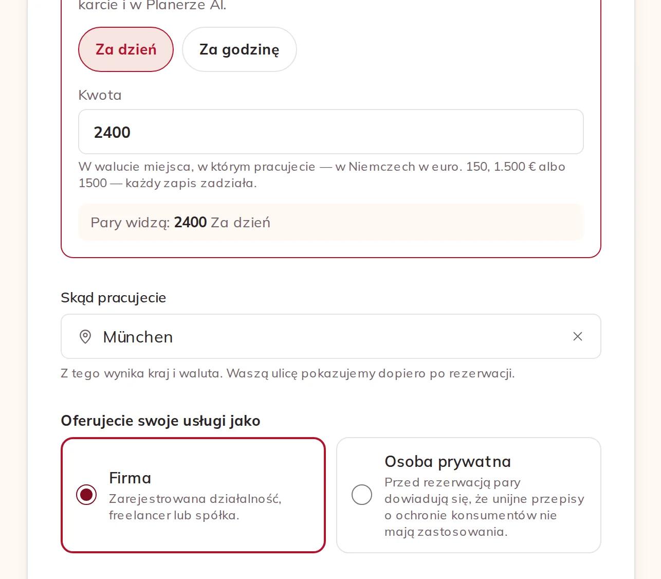 Cena, miejsce, z którego pracujecie, oraz firma albo osoba prywatna