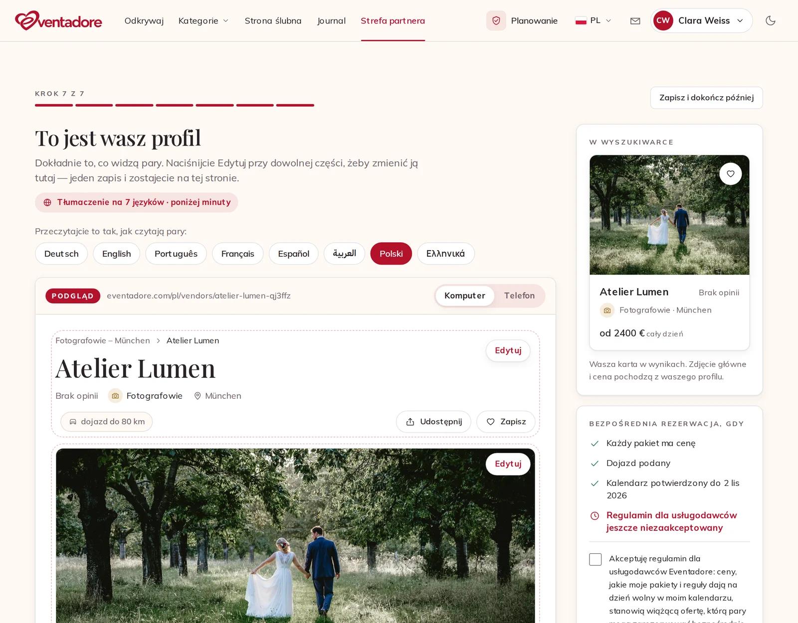 Wasz profil tak, jak widzą go pary, z przyciskiem Edytuj przy każdej części