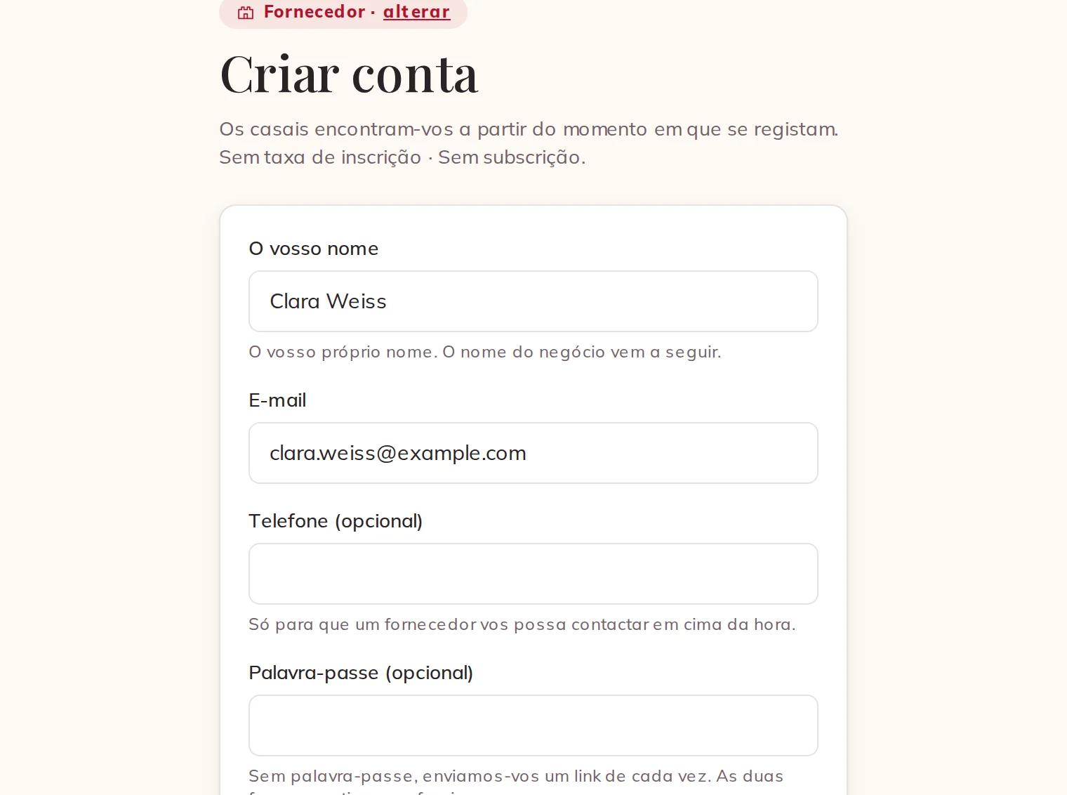 Criar a vossa conta como fornecedor