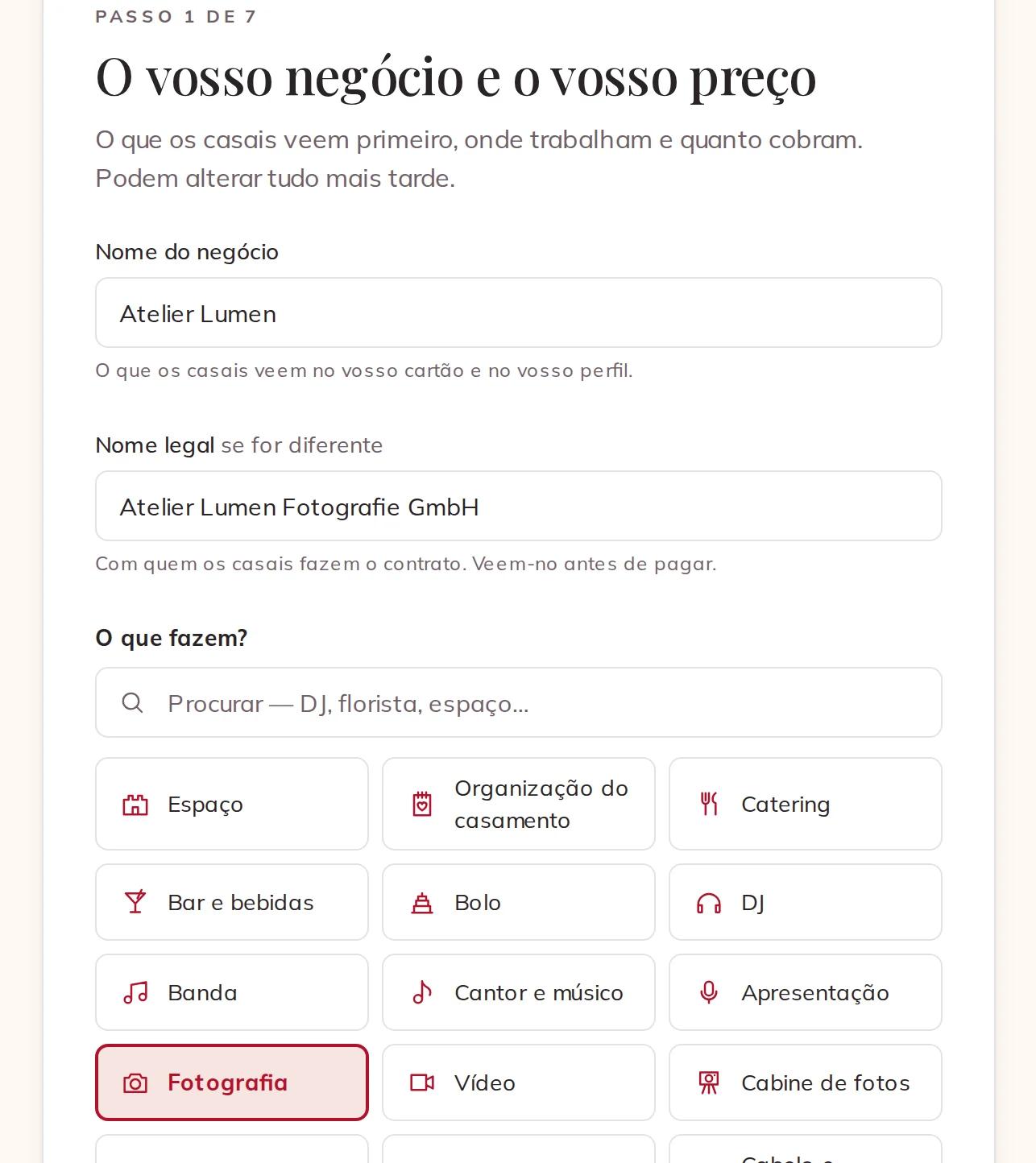 O nome do vosso negócio e o vosso serviço principal