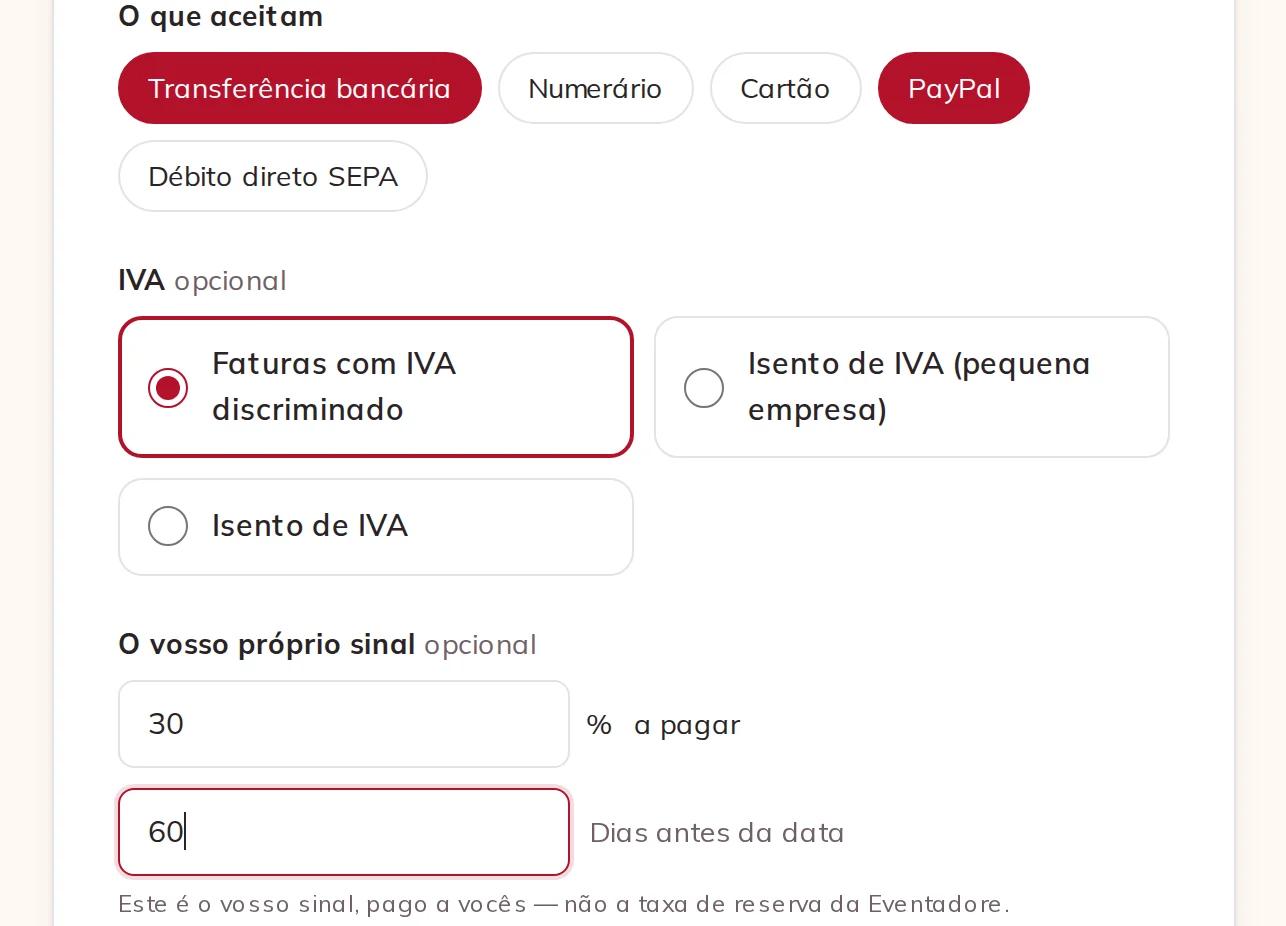 Métodos de pagamento, IVA e o vosso próprio sinal