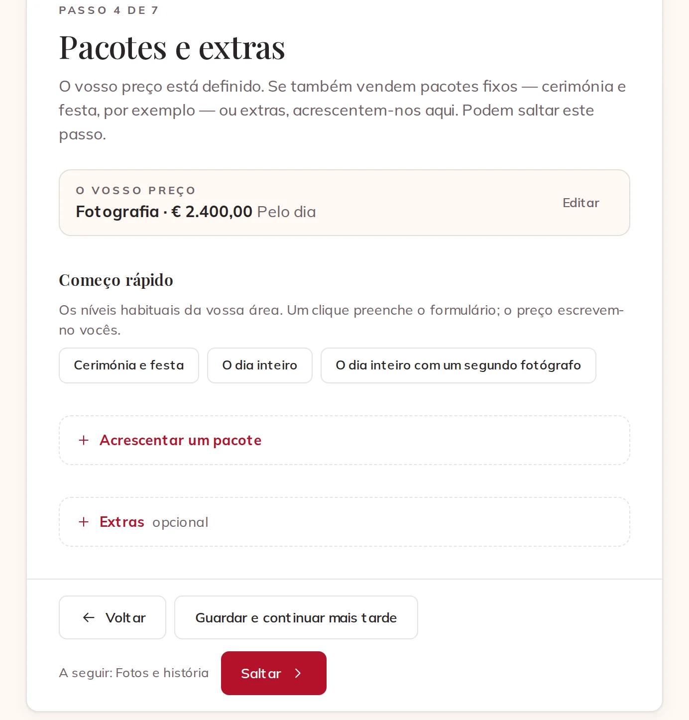 Pacotes e extras, que podem saltar por agora