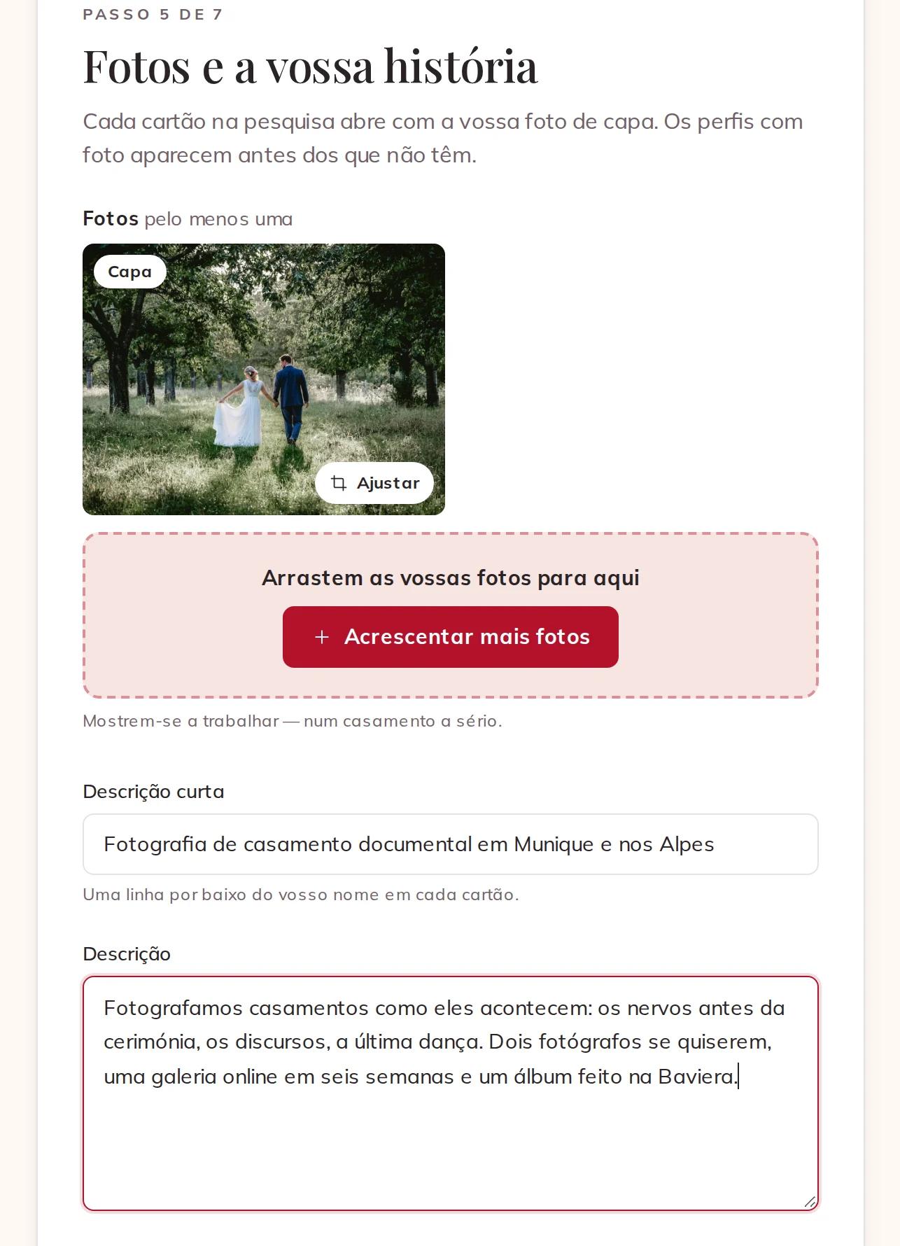 As vossas fotos, a descrição curta e a descrição