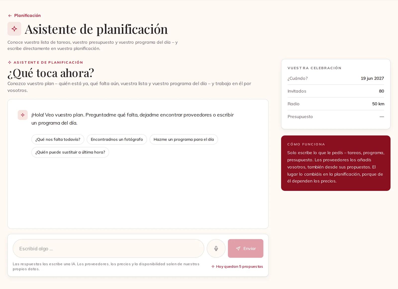 El asistente de planificación, con vuestra celebración al lado