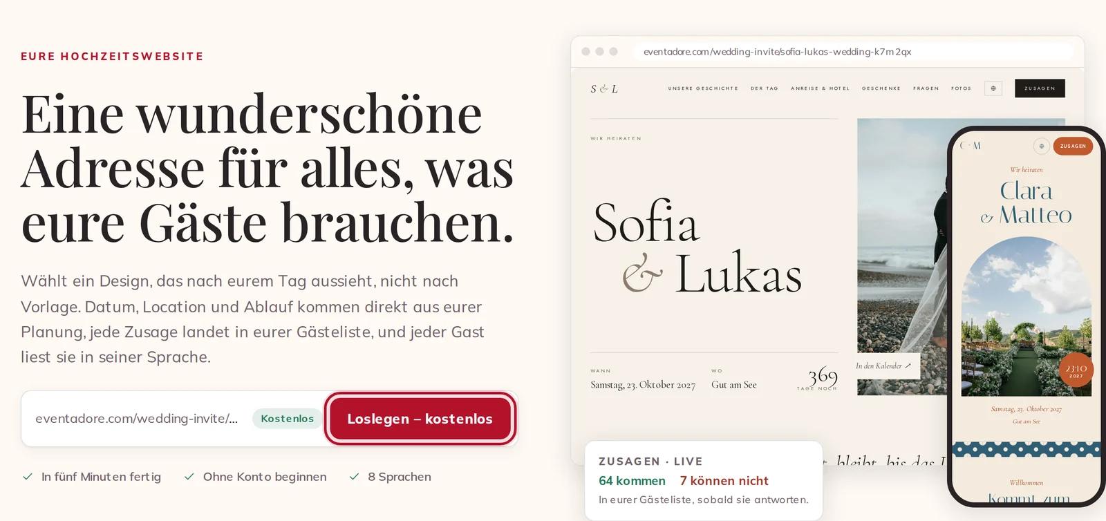 Die Seite Hochzeitswebsite mit Loslegen – kostenlos
