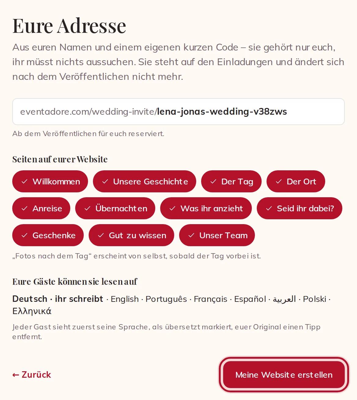 Eure Adresse, die Seiten auf eurer Website und die Sprachen